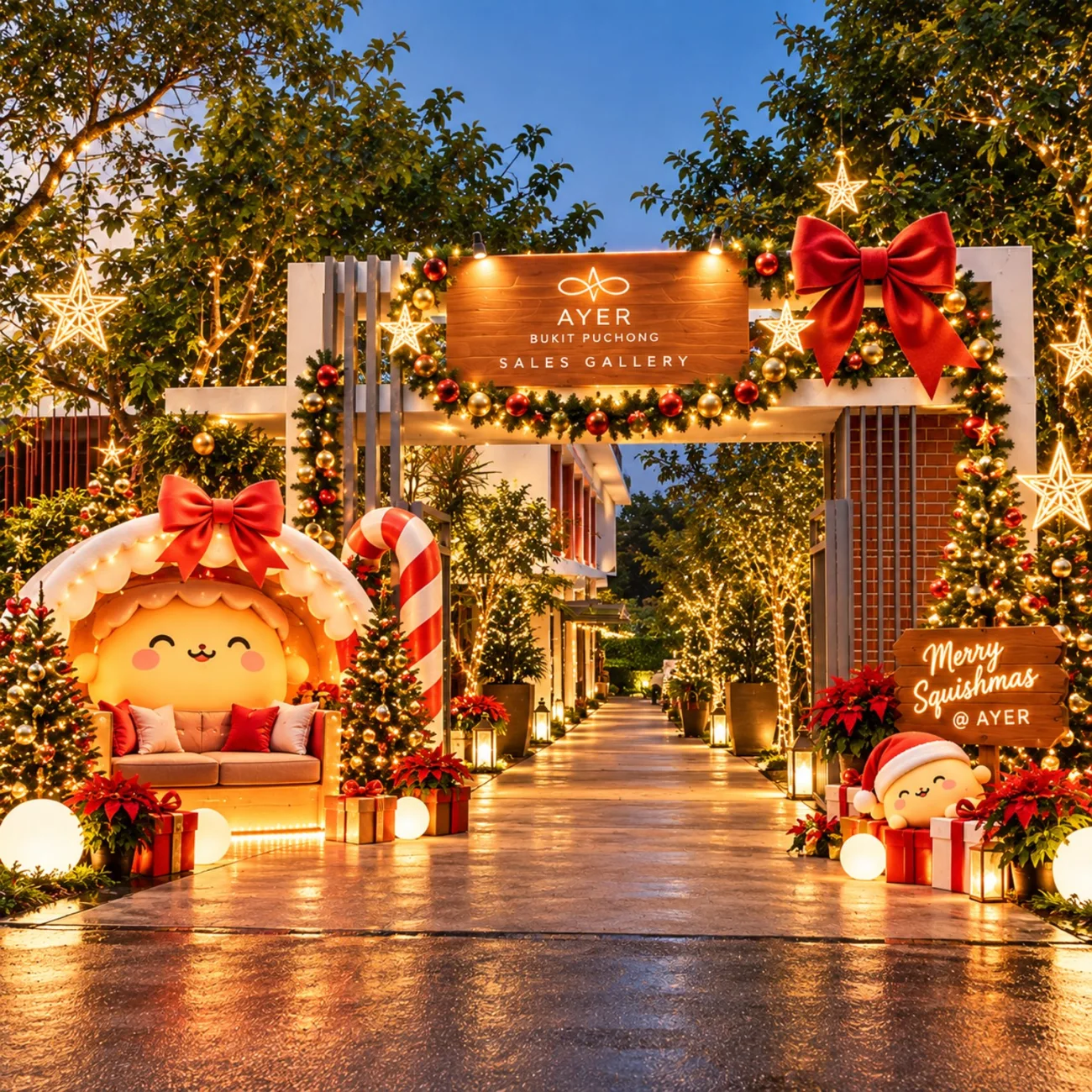 Christmas entrance concept with festive lights, trees and squishy mascots
