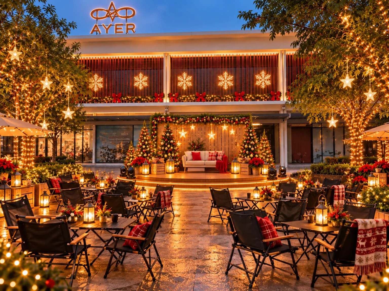 Merry Lounge concept with outdoor seating and a stage