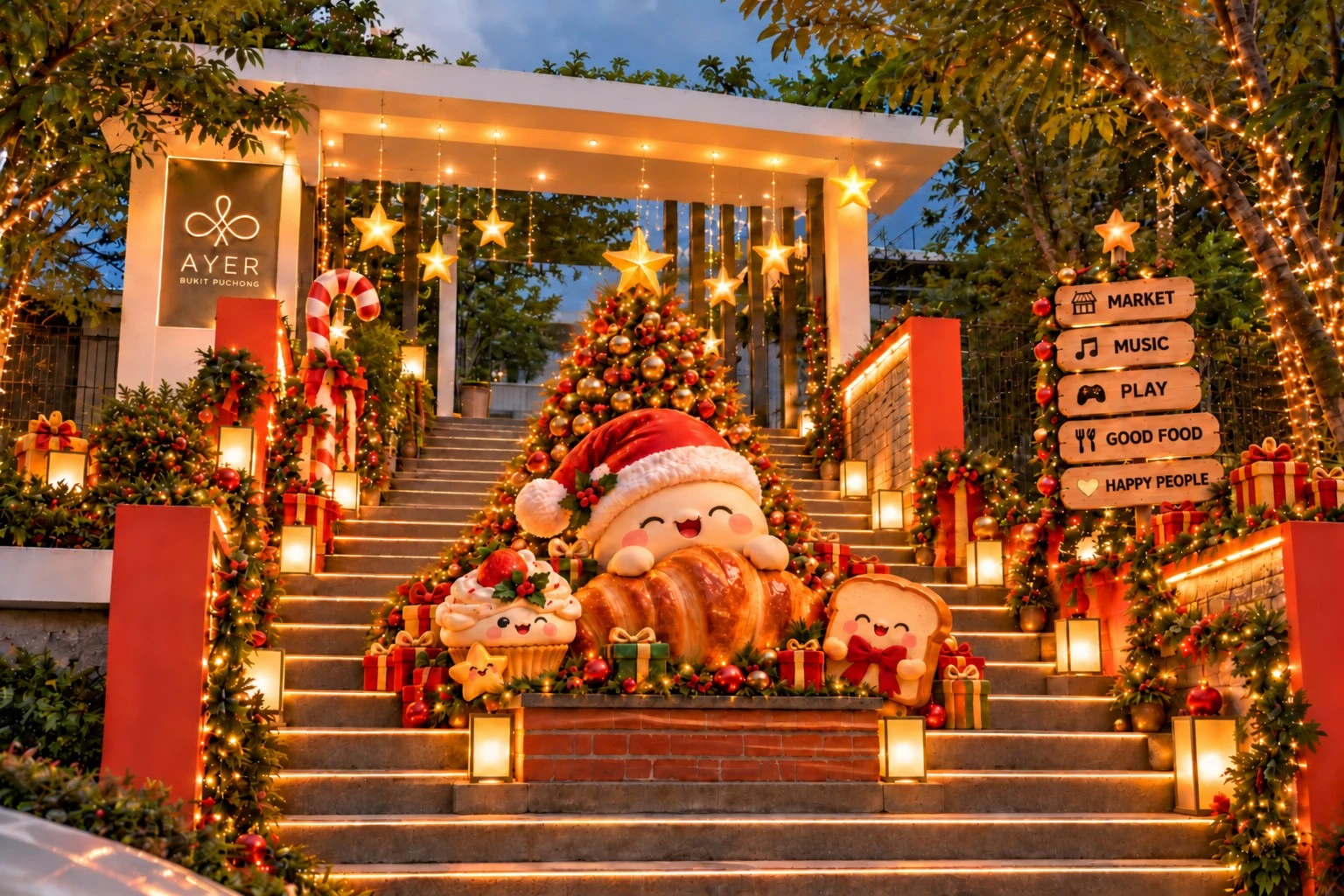 Mallow and festive friends at the illustrated AYER staircase photo spot