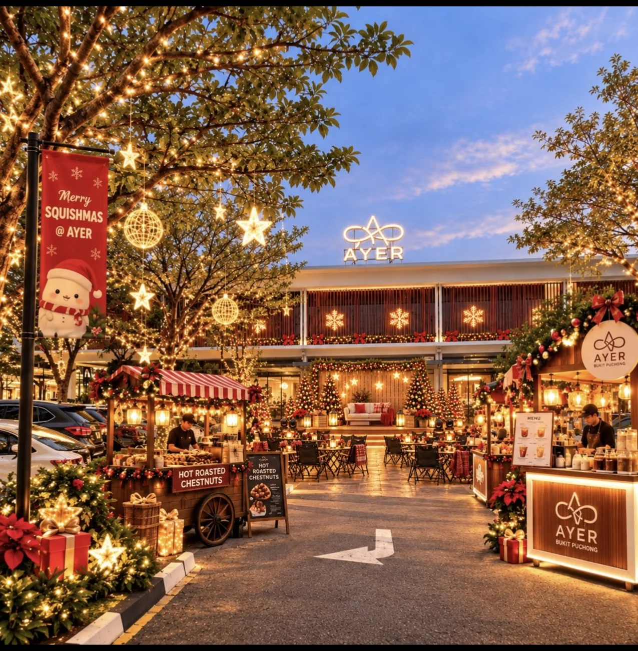 Christmas Town concept with festive food stalls