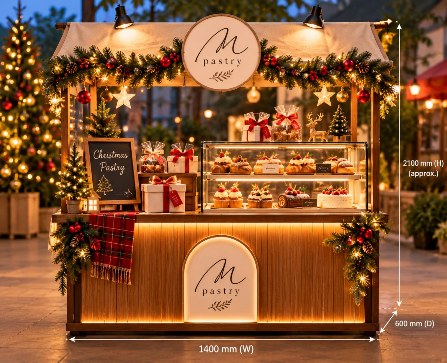 Illustrated unique Christmas stall with festive garlands and warm lighting